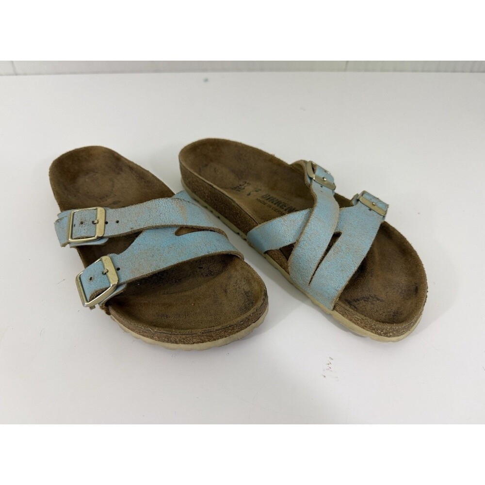 Birkenstock Yao Slide Sandal Washed Metallic Aqua Leather US 6-6.5 EU 37 Comfort